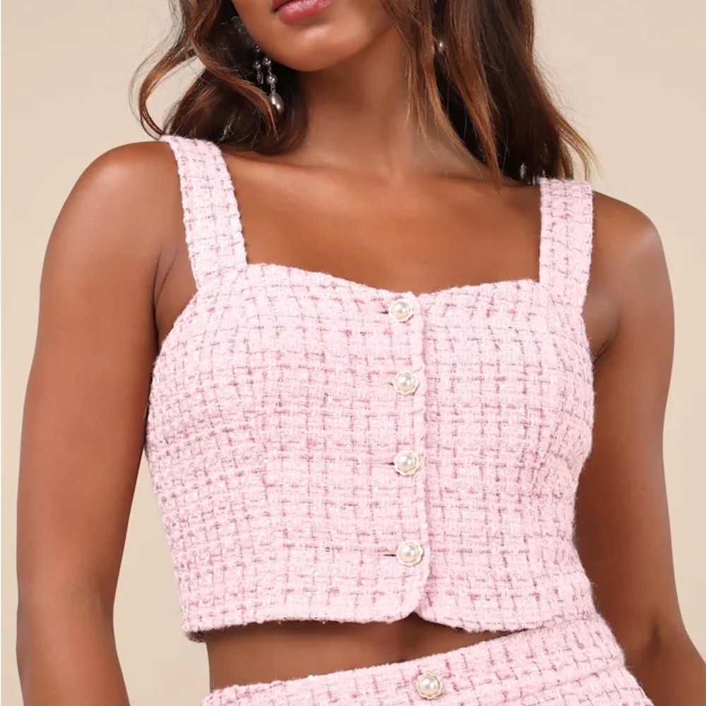 Lulus Charmed Perfection Tweed Pearl Button-Up Crop Top